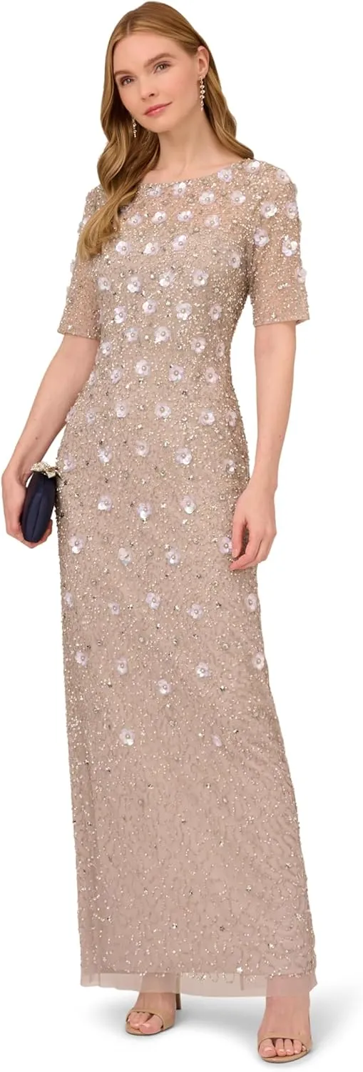 Adrianna Papell Women's Beaded Long 3D Floral Dress