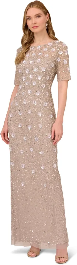 Adrianna Papell Women's Beaded Long 3D Floral Dress