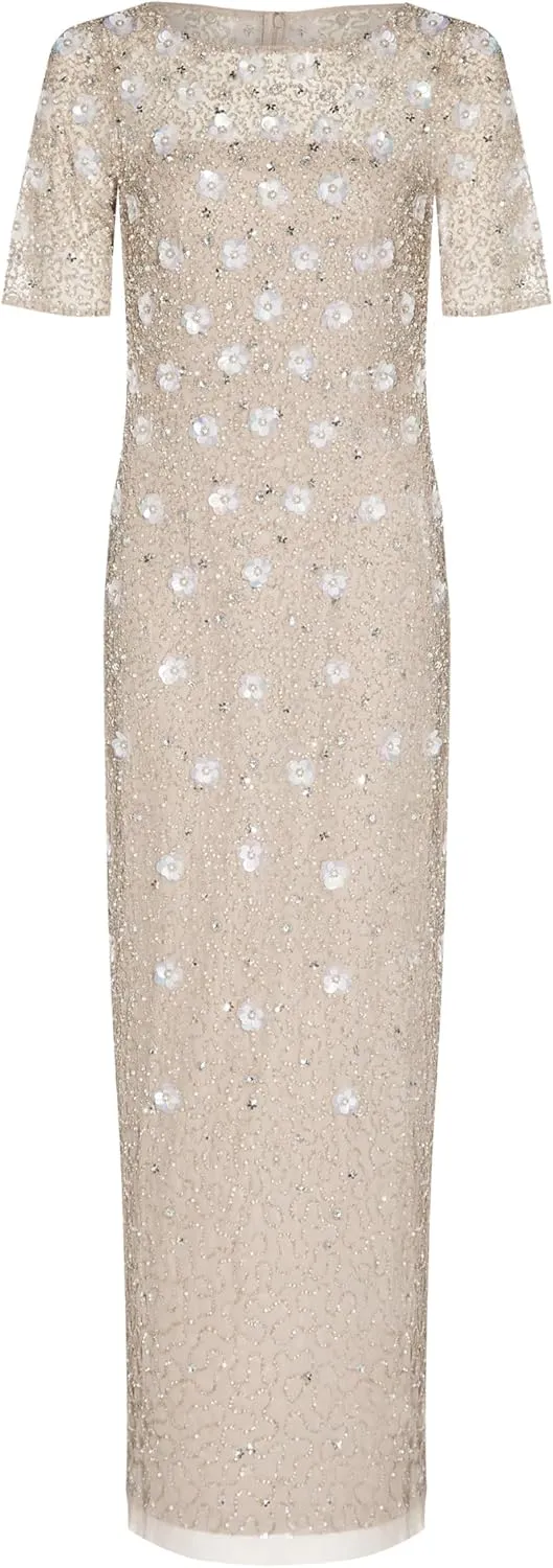 Adrianna Papell Women's Beaded Long 3D Floral Dress