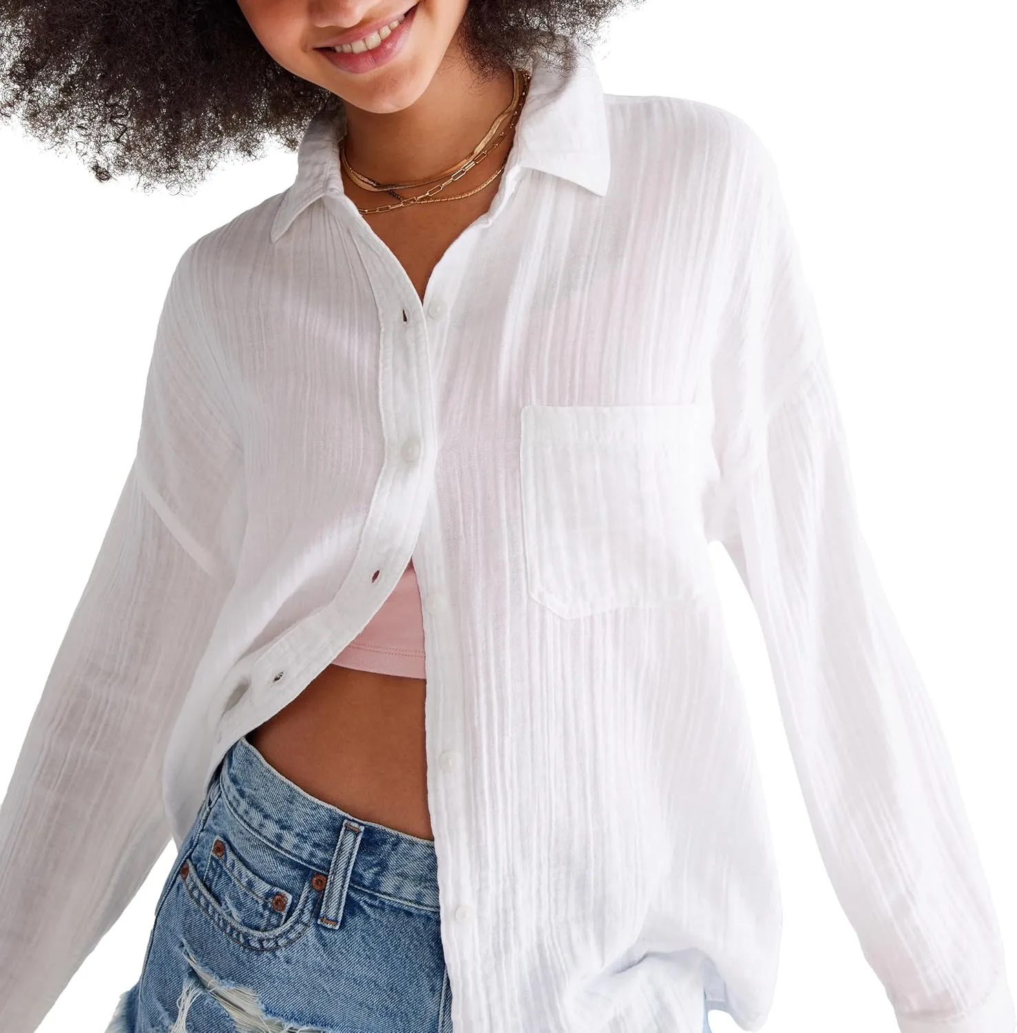 AEROPOSTALE Women's Long Sleeve Gauzy Oversized Shirt