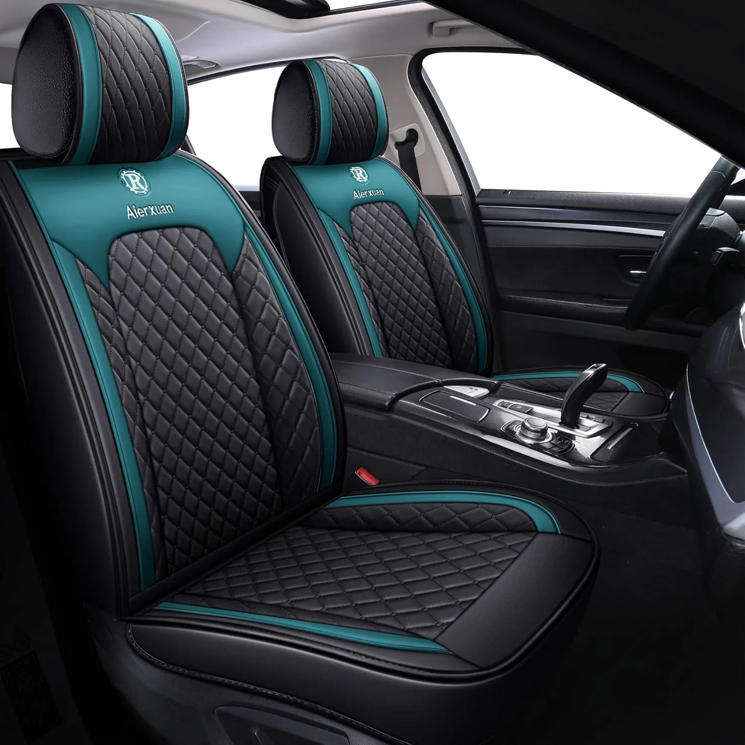 Aierxuan Front Seat Covers for Cars Leather Waterproof Cushions Universal Fit for Honda Accord Civic Toyota Corolla Highlander Ford Focus Fiesta Fusion Escape Nissan (2 PCS Front, Black-Green)