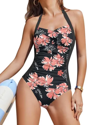 AI'MAGE Women's One Piece Swimsuit Halter Bathing Suit Ruched Tummy Control Swimsuits Push Up Swimwear S-2XL