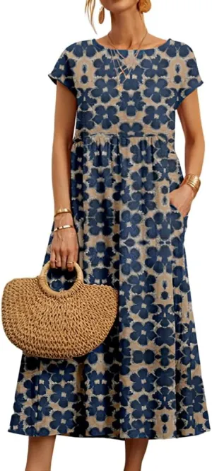 Akivide Women's Summer Cotton Linen Floral Printed Short Sleeve Dress Crew Neck Loose Casual Beach Dresses with Pockets