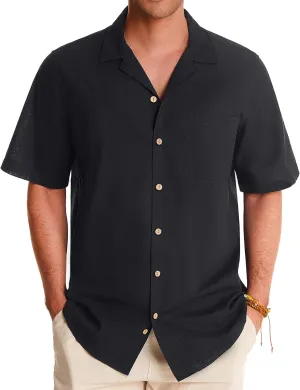 Alimens & Gentle Mens Linen Shirts Short Sleeve Button Down Shirts Cotton Summer Beach Cuban Shirts Vacation Hawaiian Shirts