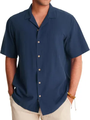 Alimens & Gentle Mens Linen Shirts Short Sleeve Button Down Shirts Cotton Summer Beach Cuban Shirts Vacation Hawaiian Shirts