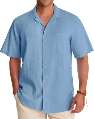 Alimens & Gentle Mens Linen Shirts Short Sleeve Button Down Shirts Cotton Summer Beach Cuban Shirts Vacation Hawaiian Shirts