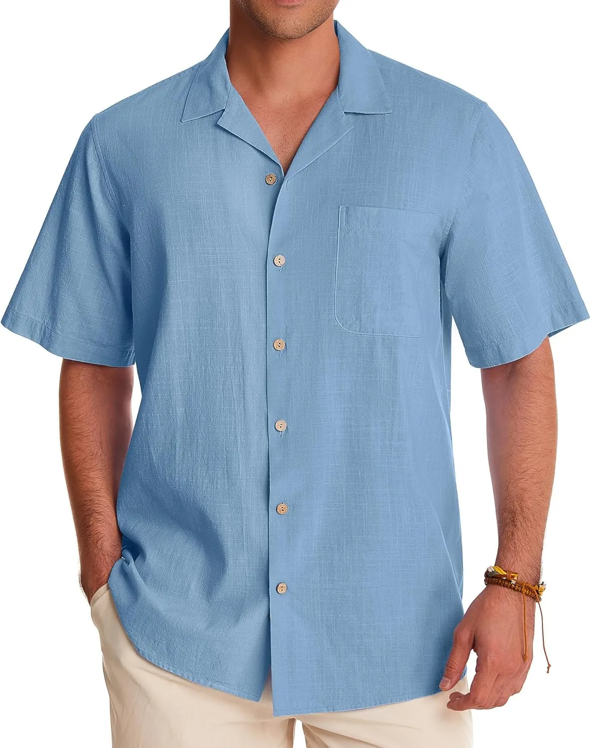 Alimens & Gentle Mens Linen Shirts Short Sleeve Button Down Shirts Cotton Summer Beach Cuban Shirts Vacation Hawaiian Shirts