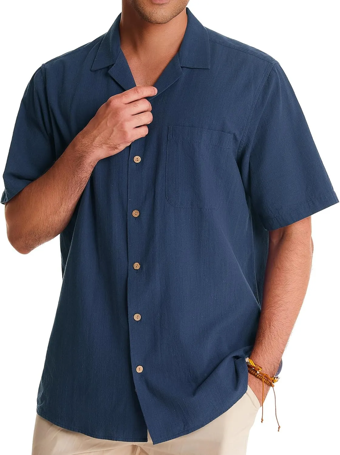 Alimens & Gentle Mens Linen Shirts Short Sleeve Button Down Shirts Cotton Summer Beach Cuban Shirts Vacation Hawaiian Shirts