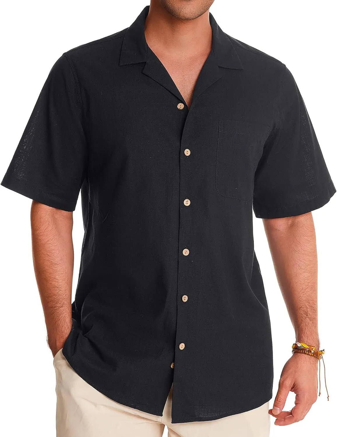 Alimens & Gentle Mens Linen Shirts Short Sleeve Button Down Shirts Cotton Summer Beach Cuban Shirts Vacation Hawaiian Shirts
