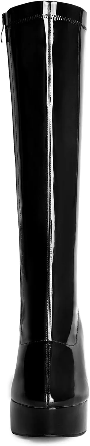 Allegra K Women's Patent Leather Platform Gogo Boots Chunky Heel Knee High Boots