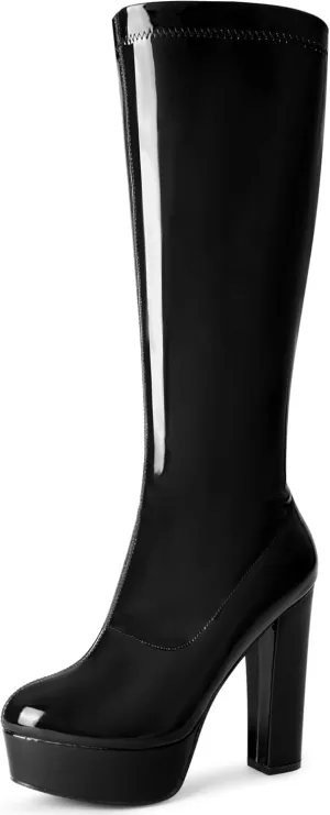 Allegra K Women's Patent Leather Platform Gogo Boots Chunky Heel Knee High Boots