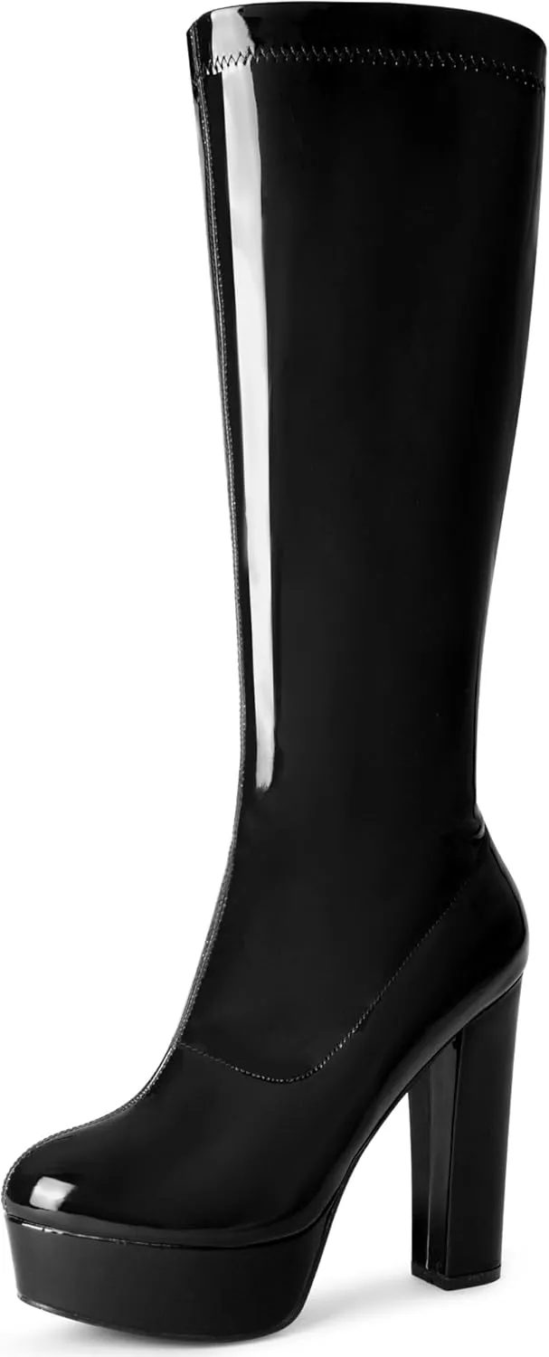 Allegra K Women's Patent Leather Platform Gogo Boots Chunky Heel Knee High Boots