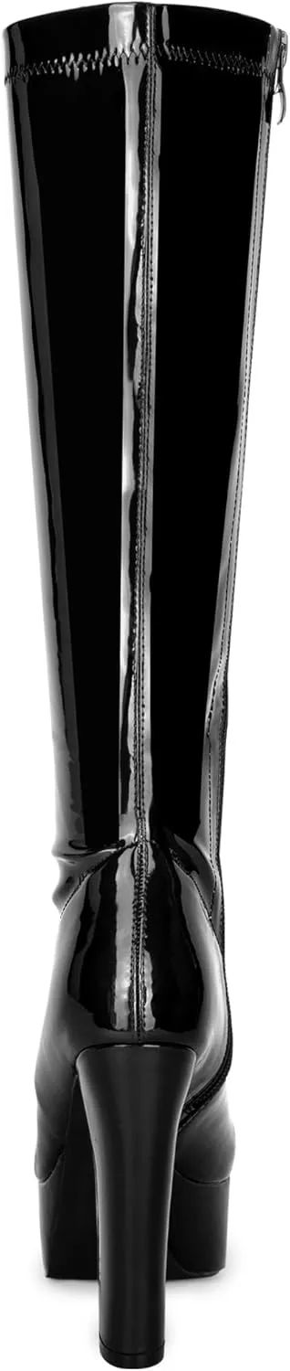 Allegra K Women's Patent Leather Platform Gogo Boots Chunky Heel Knee High Boots