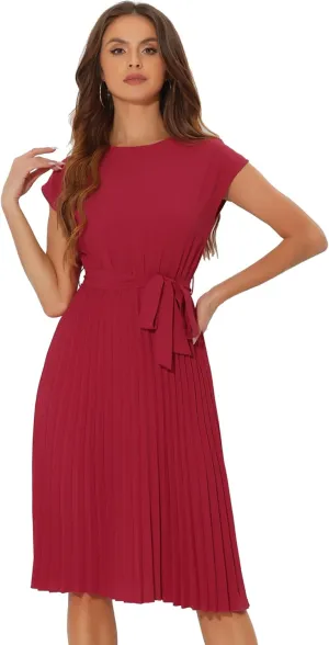 Allegra K Women's Pleated Dress Crew Neck Cap Sleeve Tie Waist A-Line Dresses