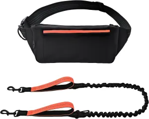 Amazon Basics Hands Free Dog Leash with Running Bag, Adjustable Waist Belt, Dual Padded Handles, Reflective Bungee Leash for Walking, Jogging, Hiking, Fits Small to Large Dogs (Up to 150 lbs)
