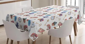 Ambesonne Alice in Wonderland Tablecloth, Cupcakes Mushrooms and Bottles Hanging in Sky Dessert Print, Dining Room Kitchen Rectangular Table Cover, 52" X 70", Blue Red