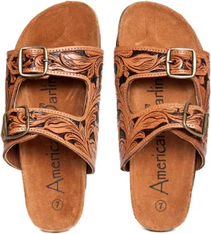 American Darling ADFTE103A Hand tooled carved genuine leather sandal footwear flip flop