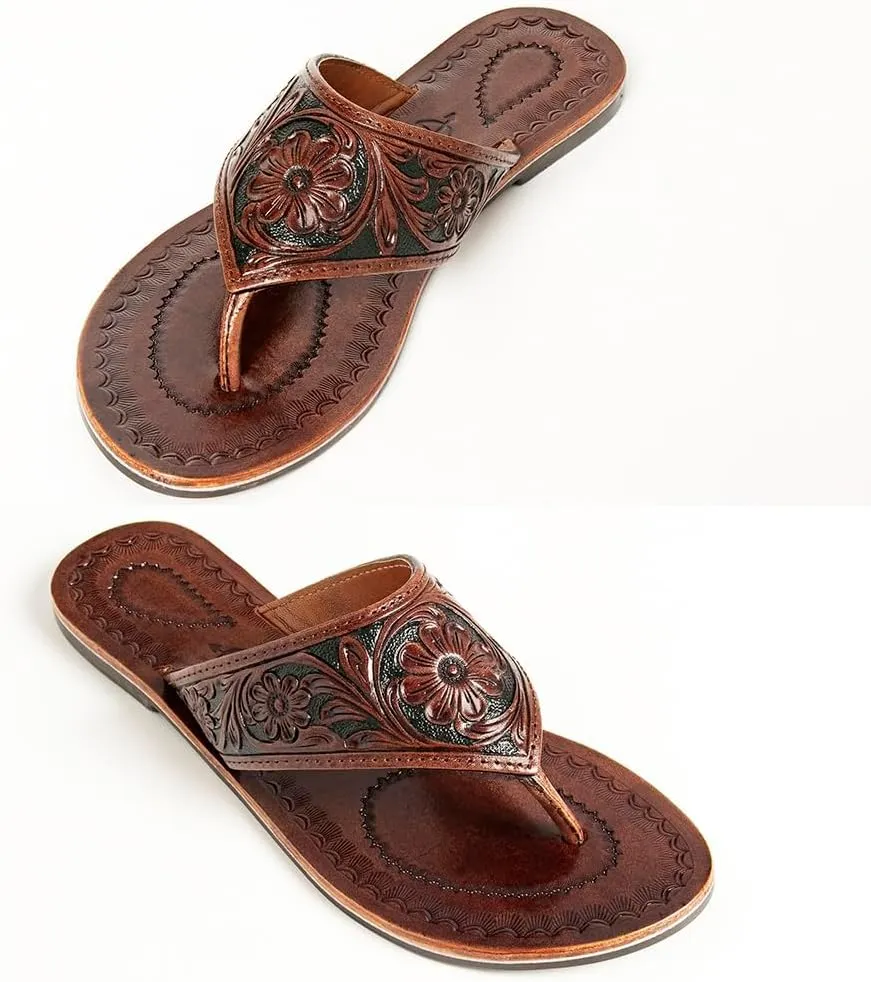 American Darling ADFTE104B Hand tooled carved genuine leather sandal footwear flip flop