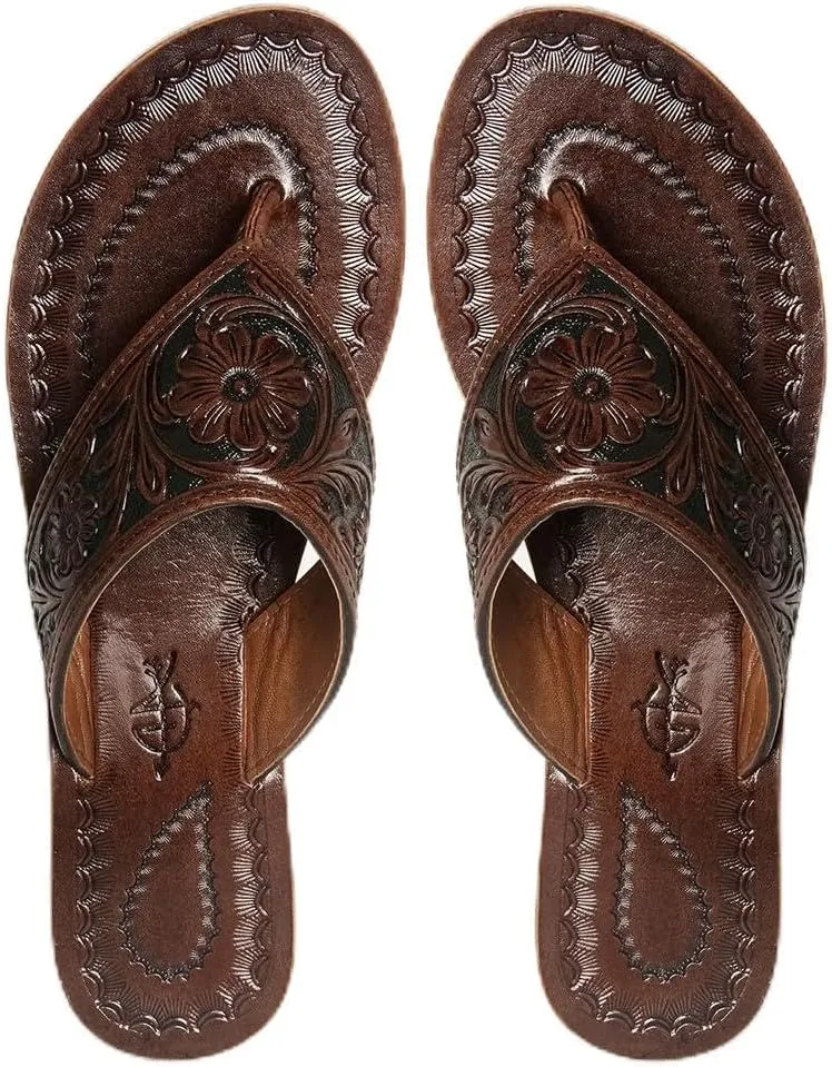 American Darling ADFTE104B Hand tooled carved genuine leather sandal footwear flip flop