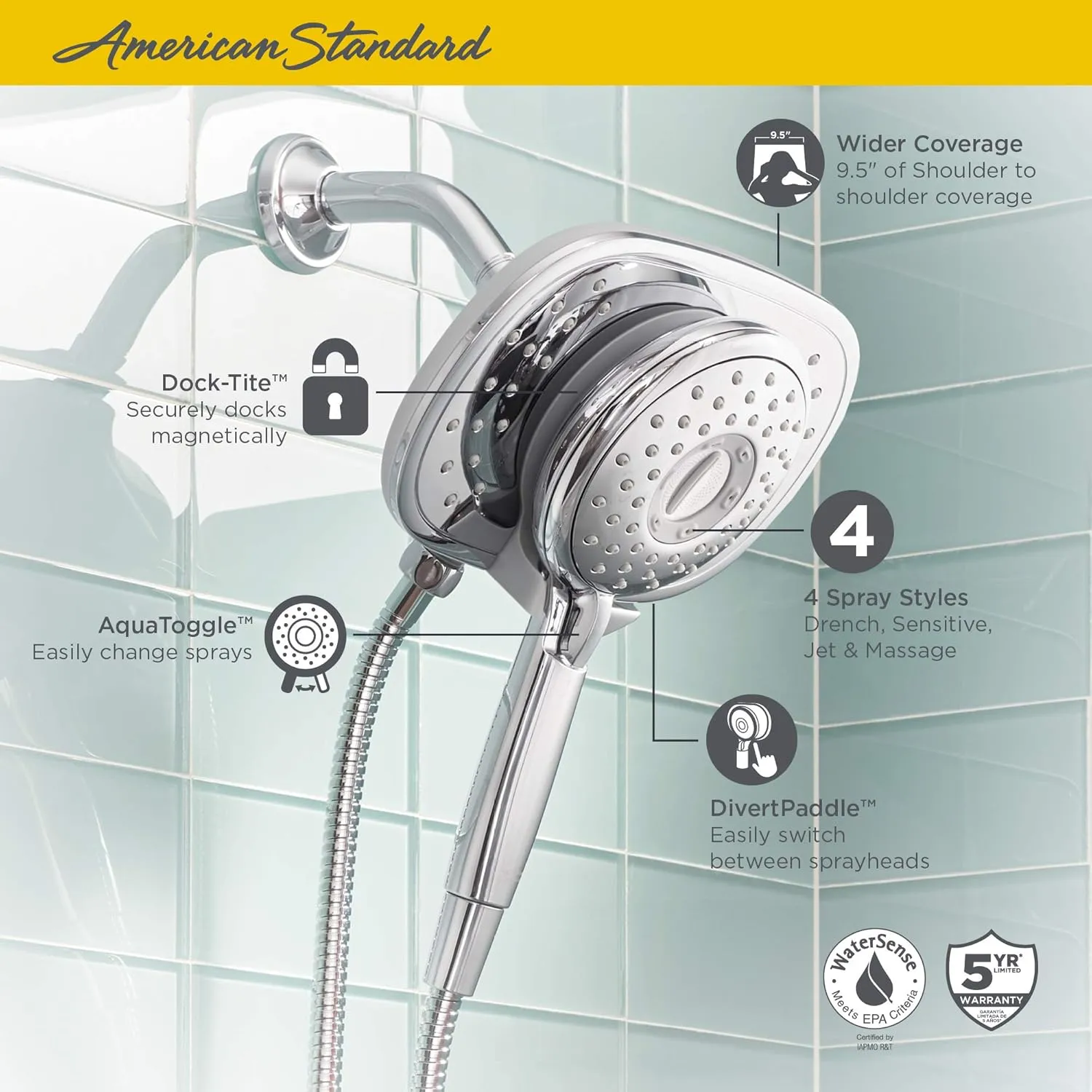 American Standard 9038254.278 Spectra Plus Duo 4-Function 2-in-1 Handheld and Fixed Shower Head 1.8 GPM, Legacy Bronze