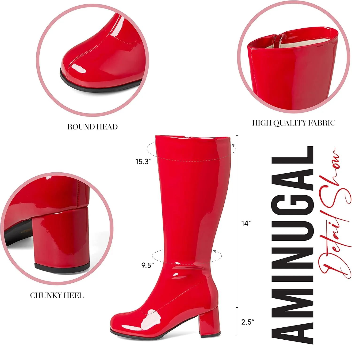 AMINUGAL Womens Go Go Boots Block Heel Round Toe Side zipper Dress Halloween Costume Knee High Boots Disco Party Boots For Women