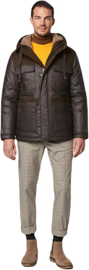 Andrew Marc Men's Short Fabric Blocked Parka with a Sherpa Lined Harrigan Hooded Cuff Tab with Adjustable Snap