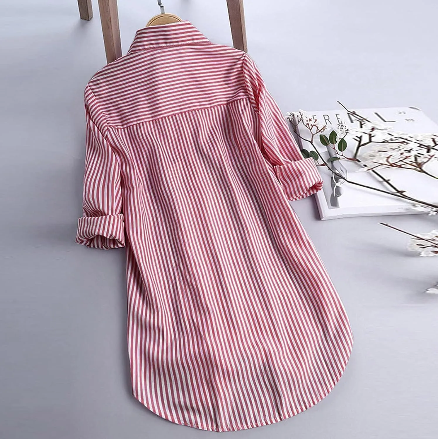Aniywn Women's Stripe Long Sleeve T-Shirt Casual Loose Button Down Rolled Sleeve Plus Size Comfy Tunic Blouses
