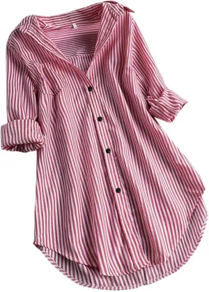 Aniywn Women's Stripe Long Sleeve T-Shirt Casual Loose Button Down Rolled Sleeve Plus Size Comfy Tunic Blouses