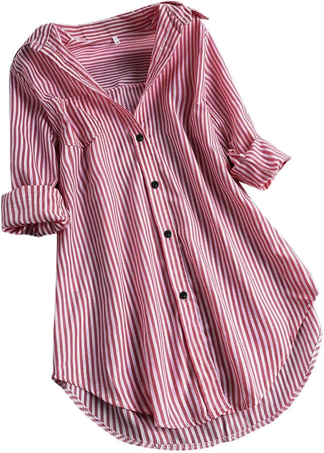 Aniywn Women's Stripe Long Sleeve T-Shirt Casual Loose Button Down Rolled Sleeve Plus Size Comfy Tunic Blouses