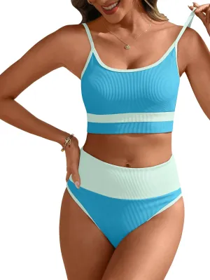 ANRABESS Bikini Sets for Women 2 Piece High Waisted Tummy Control Color Block Summer Beach Swimsuit Ribbed Swim Bathing Suit