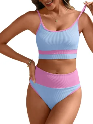 ANRABESS Women High Waisted Bikini Sets Color Block Summer Beach Vacation 2 Piece Bathing Suit Tummy Control Ribbed Swimsuit