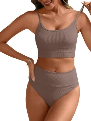 ANRABESS Women High Waisted Bikini Sets Color Block Summer Beach Vacation 2 Piece Bathing Suit Tummy Control Ribbed Swimsuit
