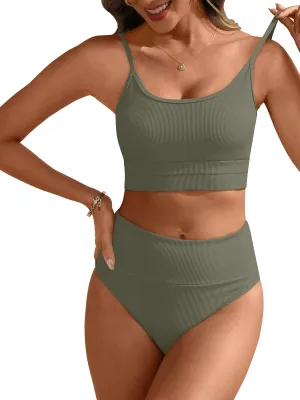 ANRABESS Women High Waisted Bikini Sets Color Block Summer Beach Vacation 2 Piece Bathing Suit Tummy Control Ribbed Swimsuit