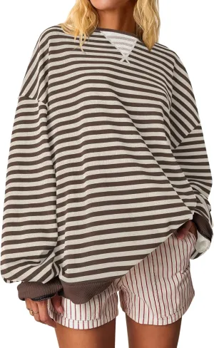 ANRABESS Women Striped Oversized Sweatshirt Crewneck Long Sleeve Shirts Hoodies 2025 Summer Fashion Pullover Top Y2K Outfits