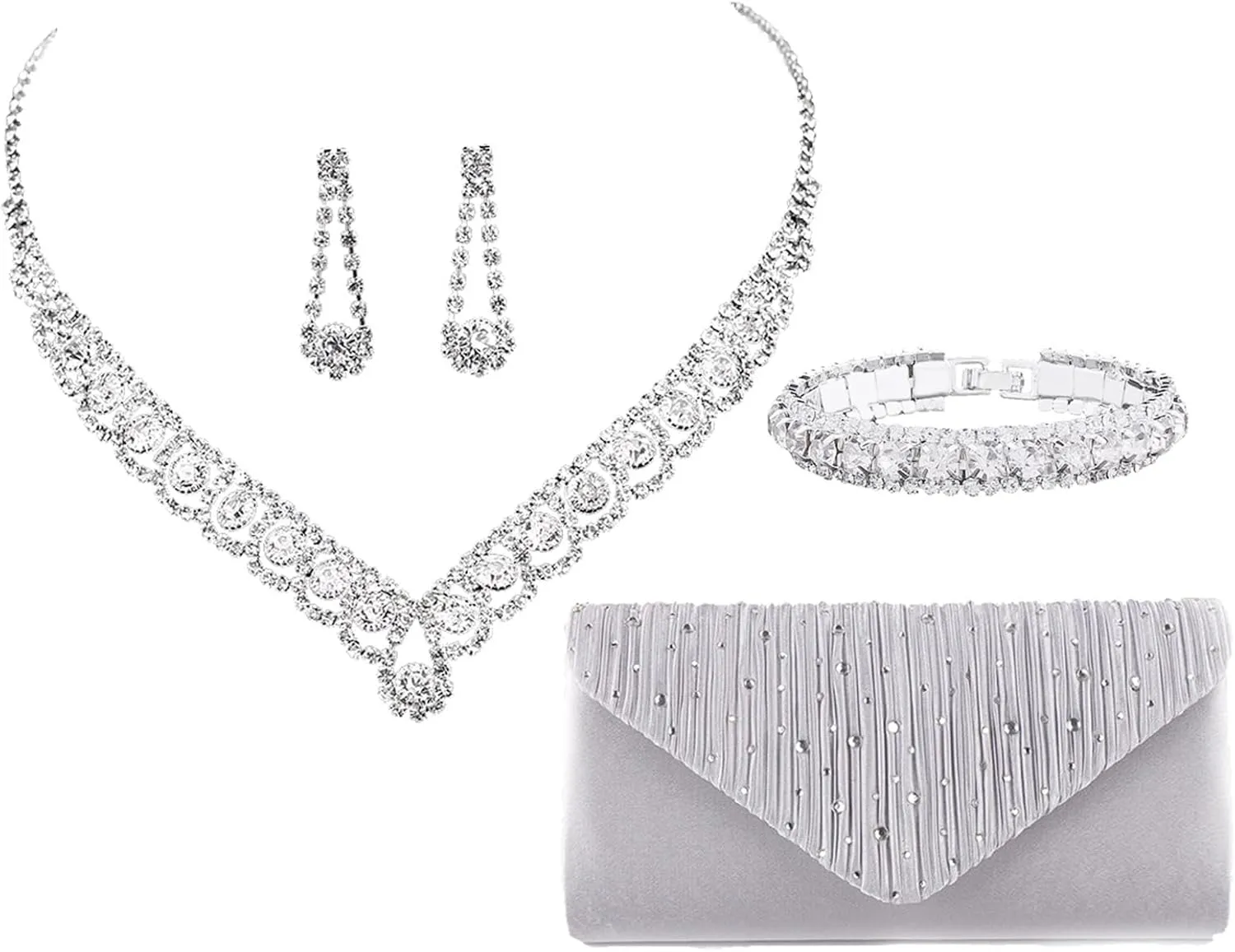 ANUFER Women's Zircon Rhinestones 4 Pieces Jewelry and Clutch Purse Set for Wedding Prom Evening Party