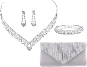 ANUFER Women's Zircon Rhinestones 4 Pieces Jewelry and Clutch Purse Set for Wedding Prom Evening Party