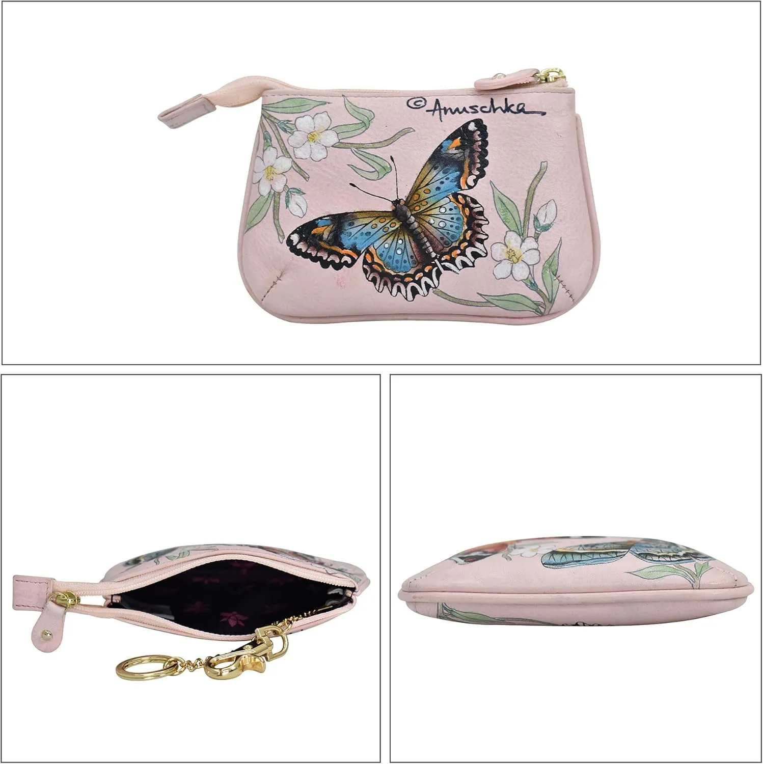 Anuschka Women’s Hand-Painted Genuine Leather Medium Zip Pouch - Coin and Key Pouch - Zippered, 2 Key Fobs