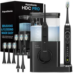 AquaSonic Home Dental Center PRO – Brushing & Flossing Made Easy – Brush & Floss – Power Toothbrush & Water Flosser – Whiter Teeth & Healthier Gums – Black Series Pro Oral Irrigator