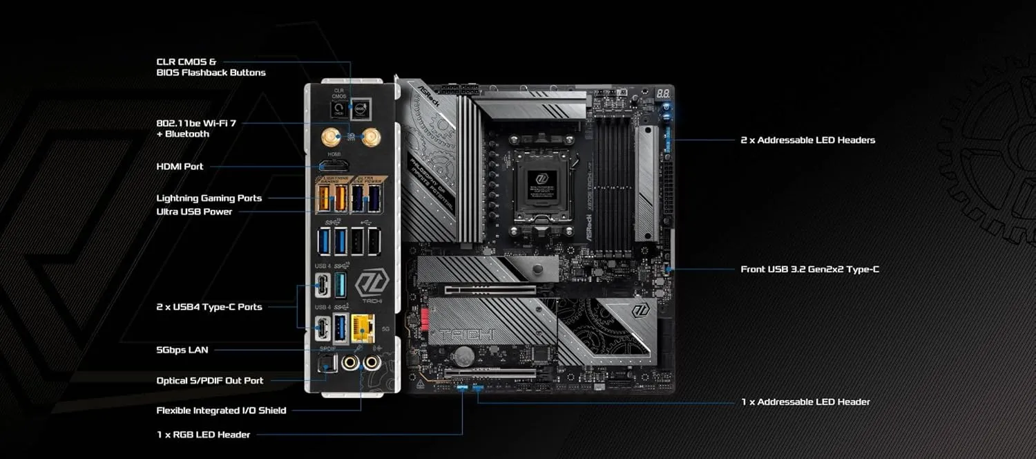 ASRock AMD X870E Taichi Lite Ryzen Socket AM5 DDR5 DIMMs 8200 256 GB X870 EATX Motherboard 5G LAN M.2 USB4 WiFi7