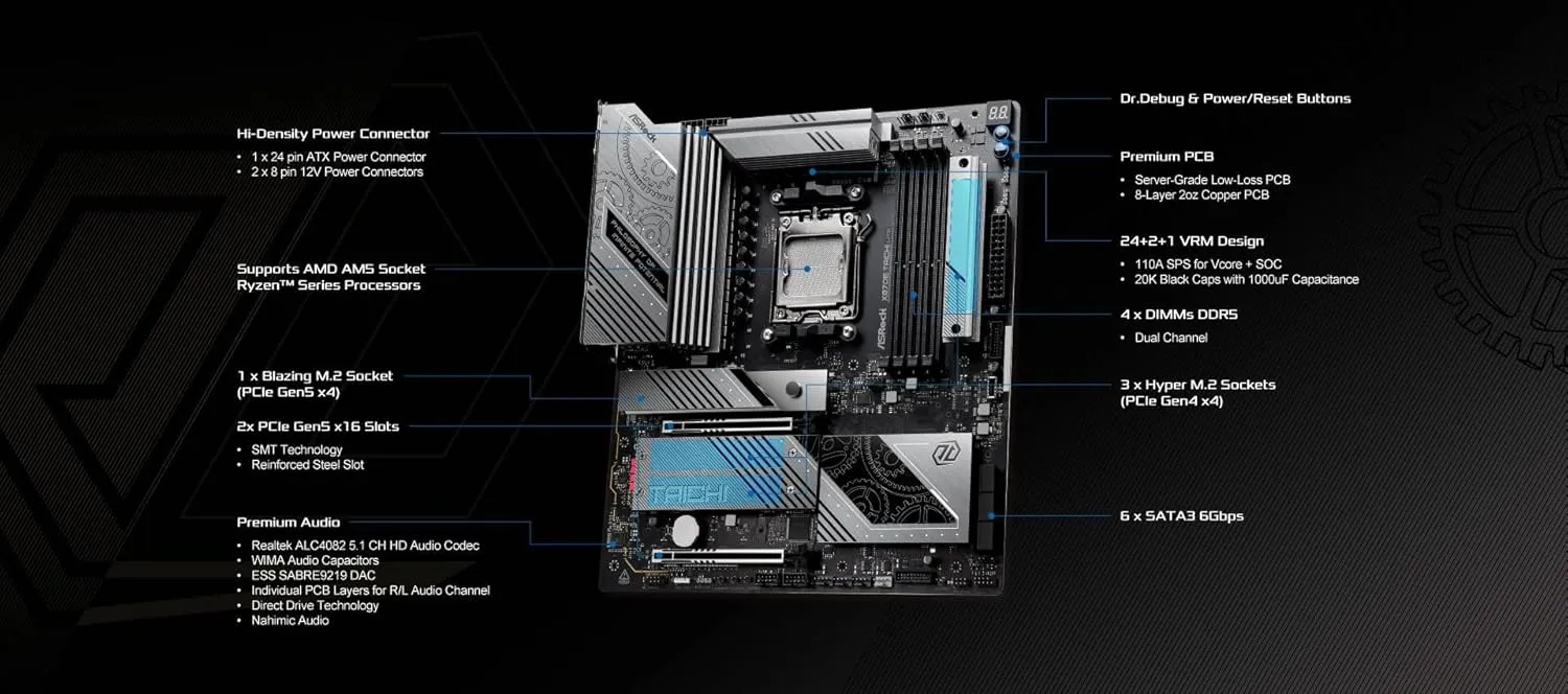 ASRock AMD X870E Taichi Lite Ryzen Socket AM5 DDR5 DIMMs 8200 256 GB X870 EATX Motherboard 5G LAN M.2 USB4 WiFi7