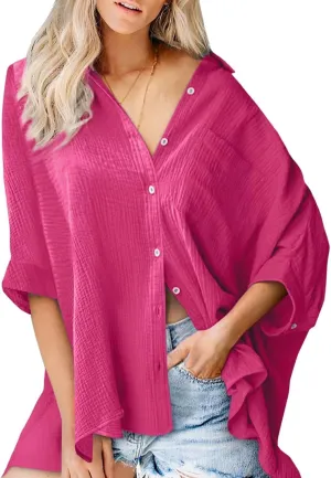 Astylish Women Oversized Button Down Shirts 3/4 Sleeve Blouse V-Neck Textured Shirts