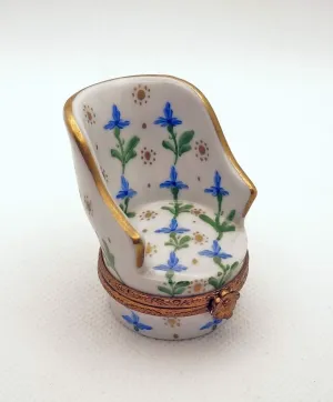 Authentic French Porcelain Hand Painted Limoges box Beautiful Chair with Blue Flowers