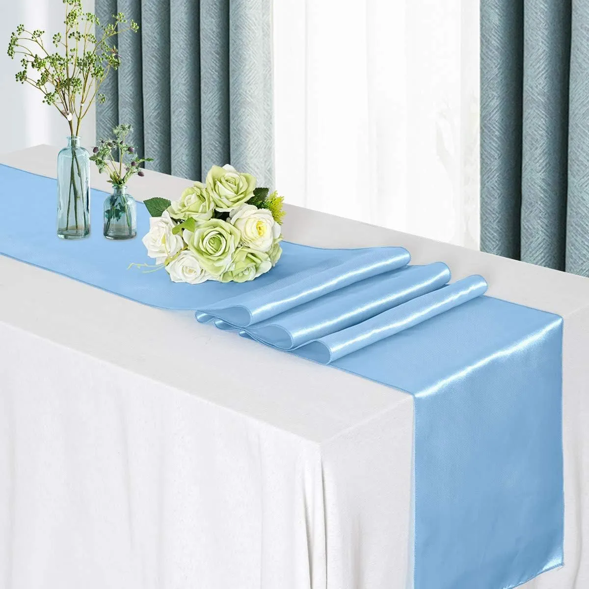 B-COOL Baby Blue Table Runner Satin Table Runners Wedding Table Runners 10 Packs 12x108 inch Silk Smooth Fabric for Baby Shower Wedding Birthday Party Decorations
