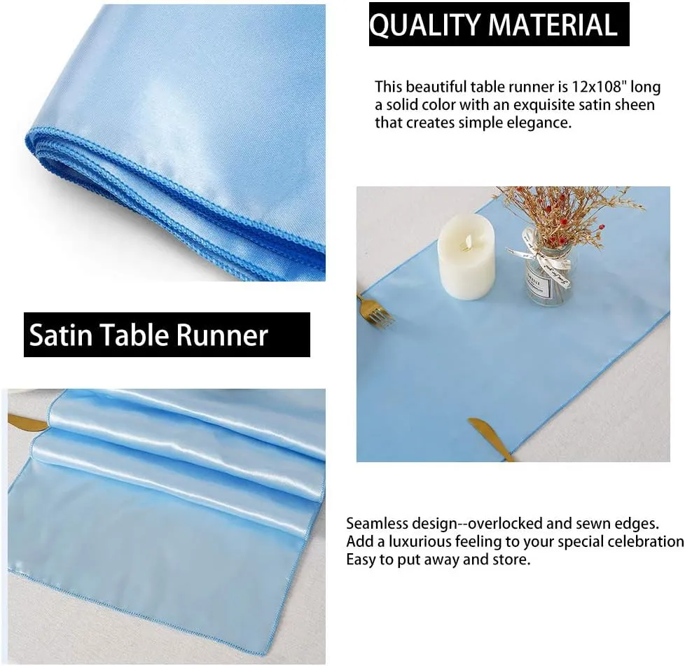 B-COOL Baby Blue Table Runner Satin Table Runners Wedding Table Runners 10 Packs 12x108 inch Silk Smooth Fabric for Baby Shower Wedding Birthday Party Decorations