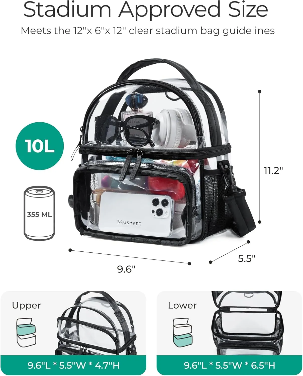BAGSMART Clear Lunch Bag Double Dceker Lunch Box Transparent Backpack Stadium Approved 12x6x12 Clear Bag for Stadium Events, Concert, Work