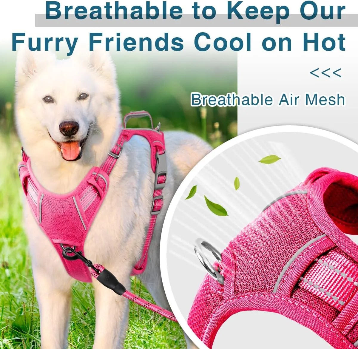 BARKBAY Dog Harness No Pull with ID Tag Pocket - Heavy Duty, Reflective, Easy Control for Large Dogs (Pink,L)