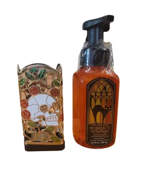 Bath Body Works Halloween 2023 Set- Stain Skull and Pumpkin Soap Holder and Purrfect Pumpkin Gentle & Clean Foaming Hand Soap