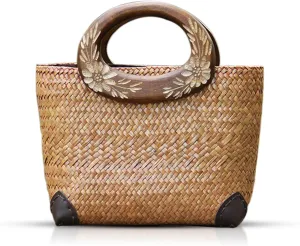 Beach Bag for Women, Straw Bag, Handmade Rattan Bag, Summer Tote Bag Flowers Engraving Wooden Handle, Boho Retro Straw Woven Handbag Suitable for Vacation Travel Daily