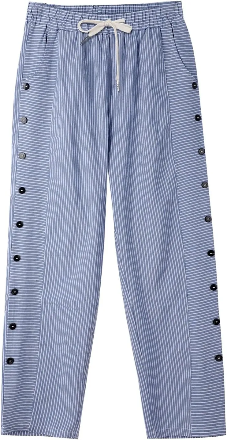 Beach Pants for Women Linen Summer Striped Plus Size High Waisted Trousers Tummy Control Comfy Pants with Pockets