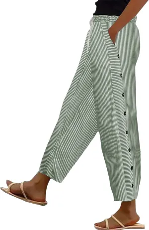 Beach Pants for Women Linen Summer Striped Plus Size High Waisted Trousers Tummy Control Comfy Pants with Pockets